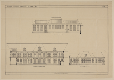 217177 Opstanden van de gevels aan de binnenplaats van het nieuwe gebouw van de Rijksmunt (Leidseweg 90) te Utrecht.